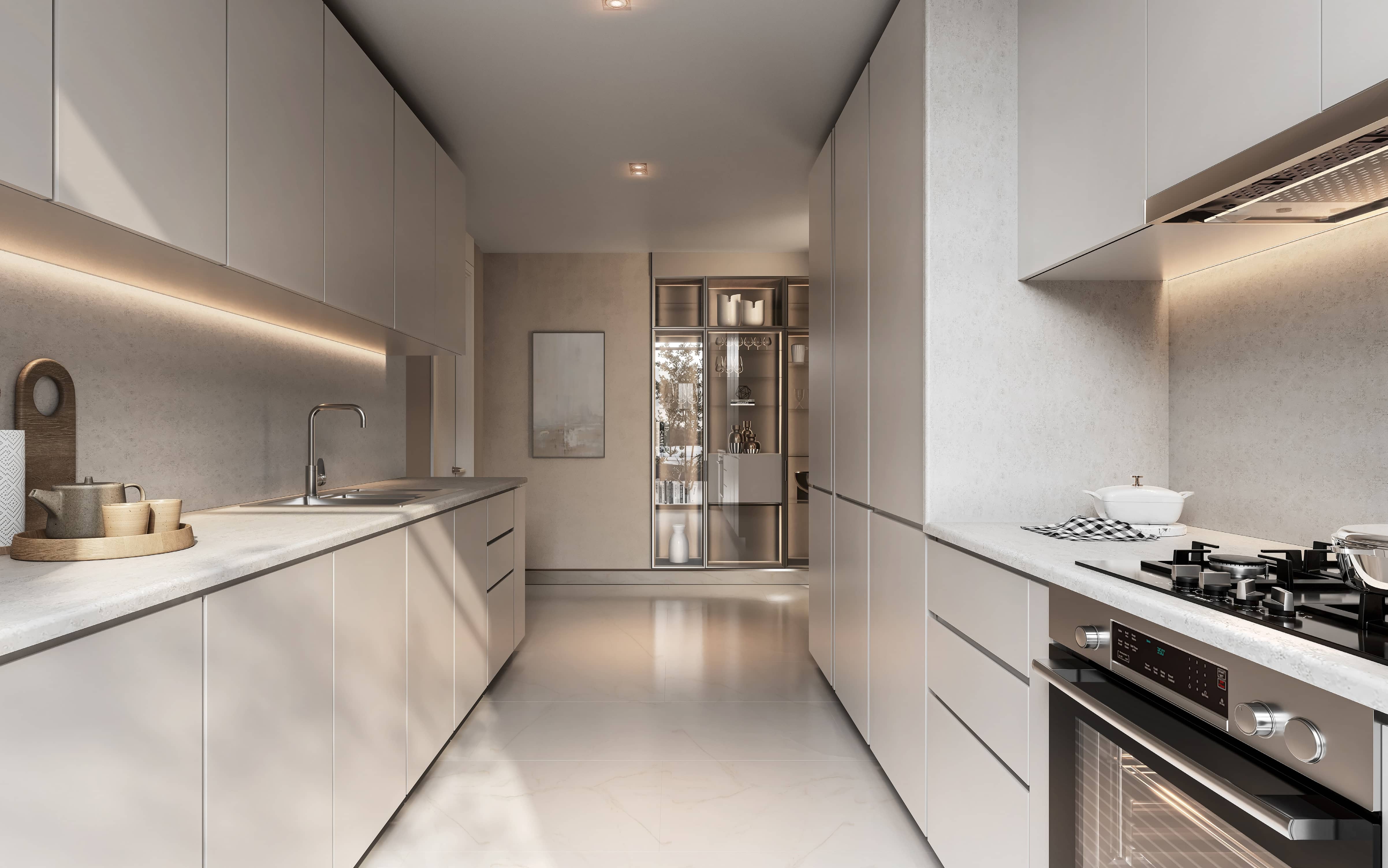 Contemporary kitchen interior at Sobha City Abu Dhabi Phase 1 with high‑end cabinetry, modern appliances, and luxury finishes.
