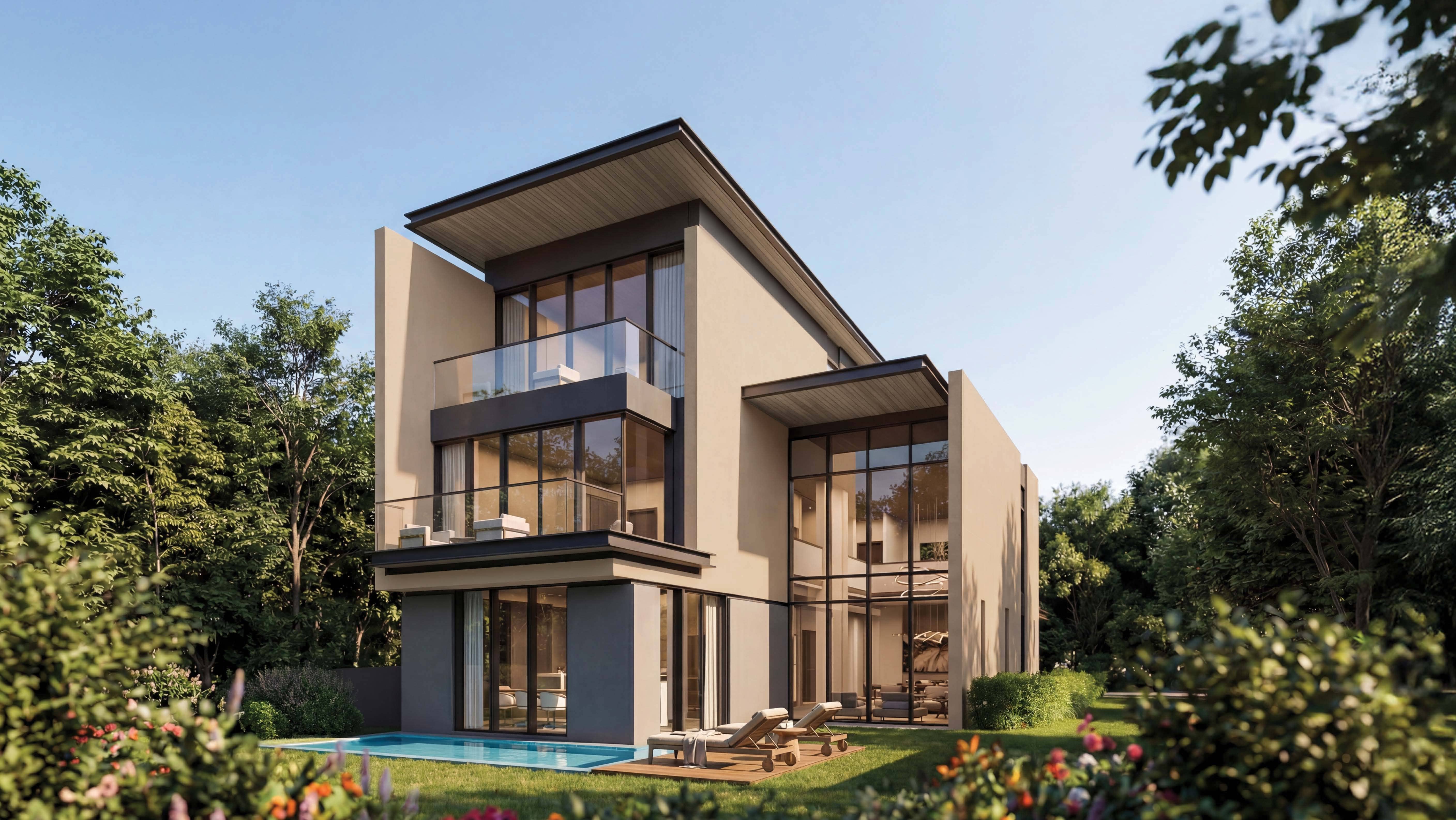The Orchard at Sobha City villa façade featuring clean lines, expansive glazing, and premium finishes set within a nature‑rich community.