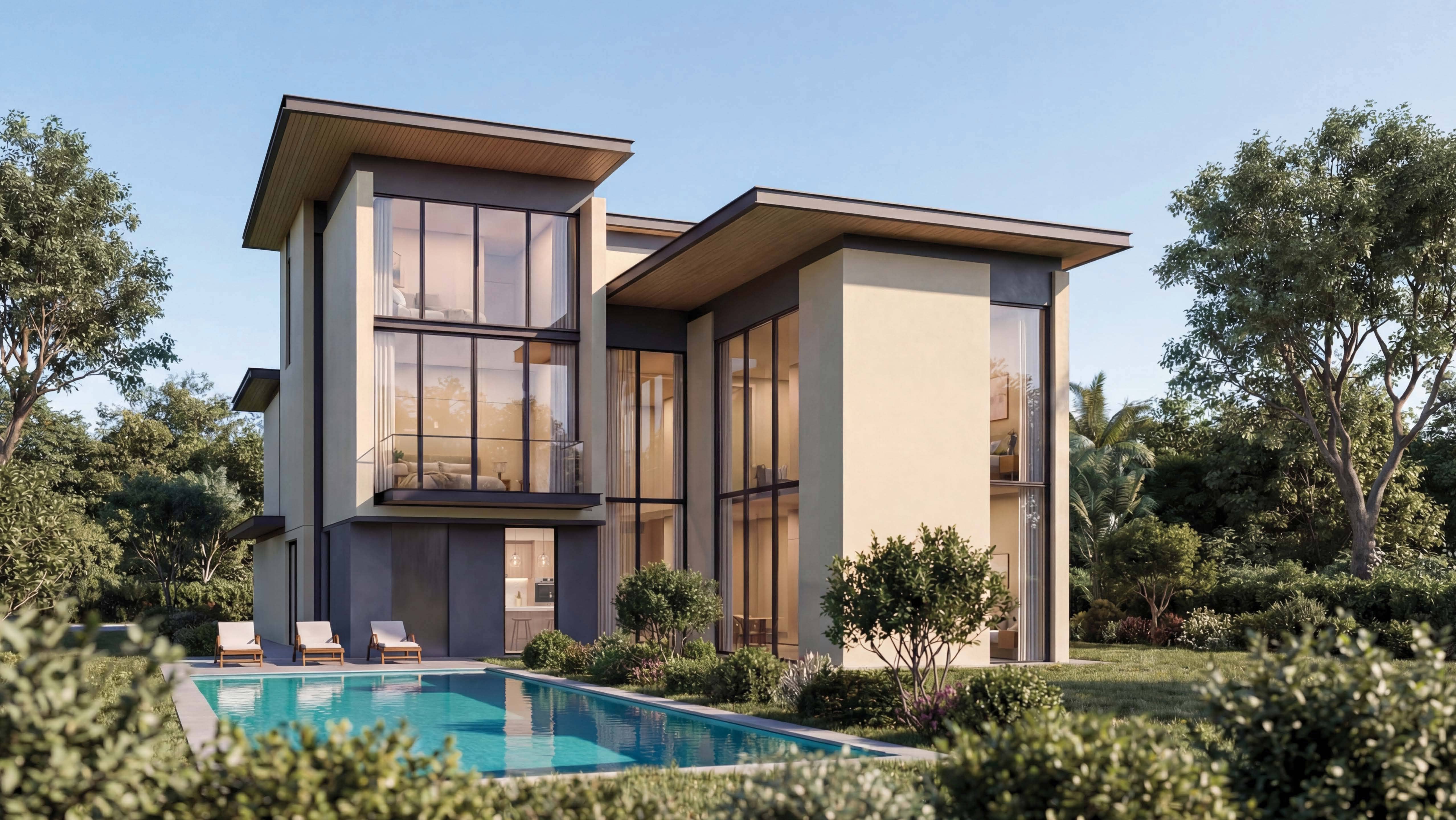 Elegant exterior view of The Orchard at Sobha City showcasing modern villa architecture surrounded by lush greenery and serene landscaped pathways.