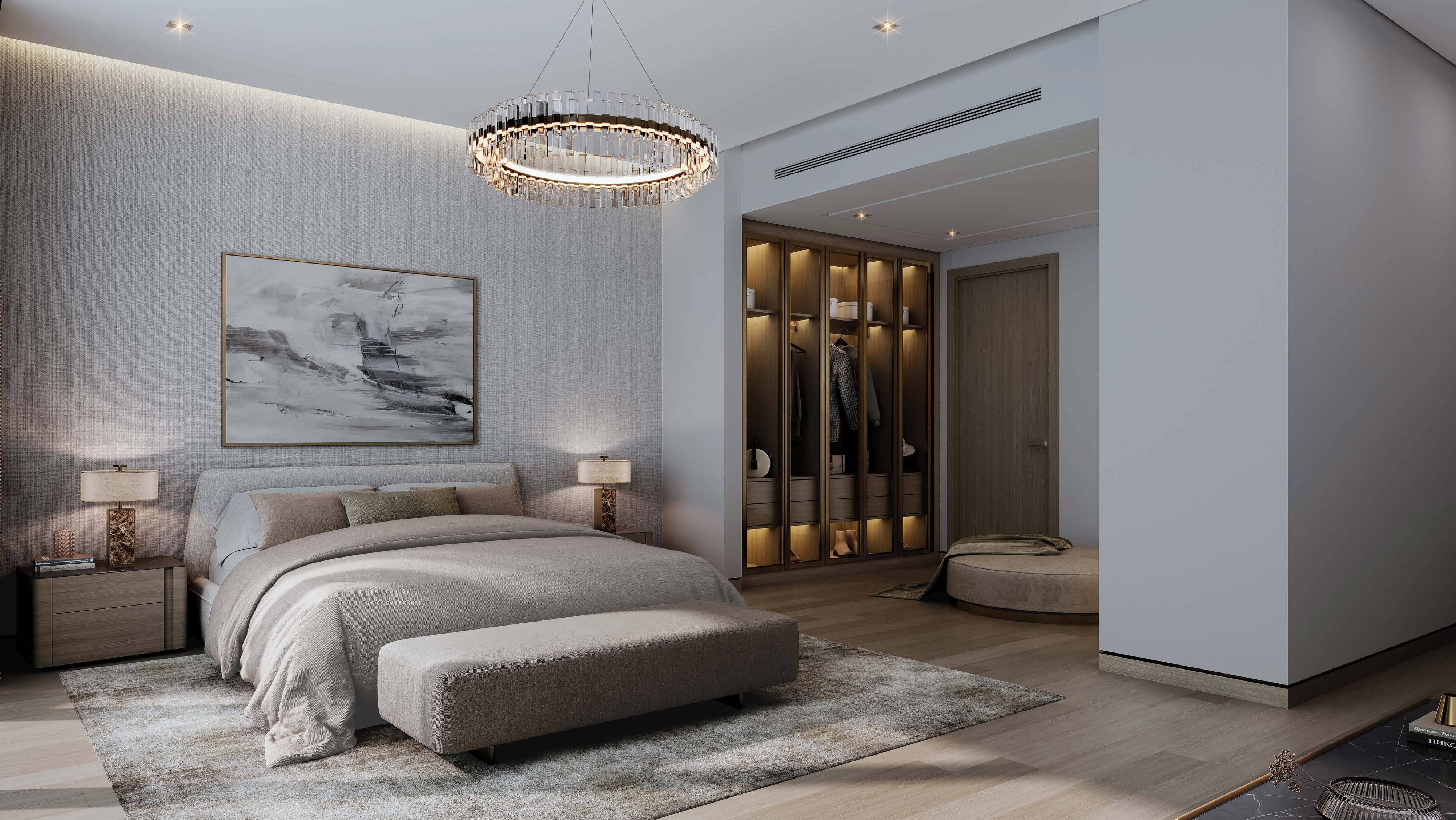 Master bedroom at The Orchard Sobha City showcasing warm tones, expansive layouts, and serene views of landscaped greenery.