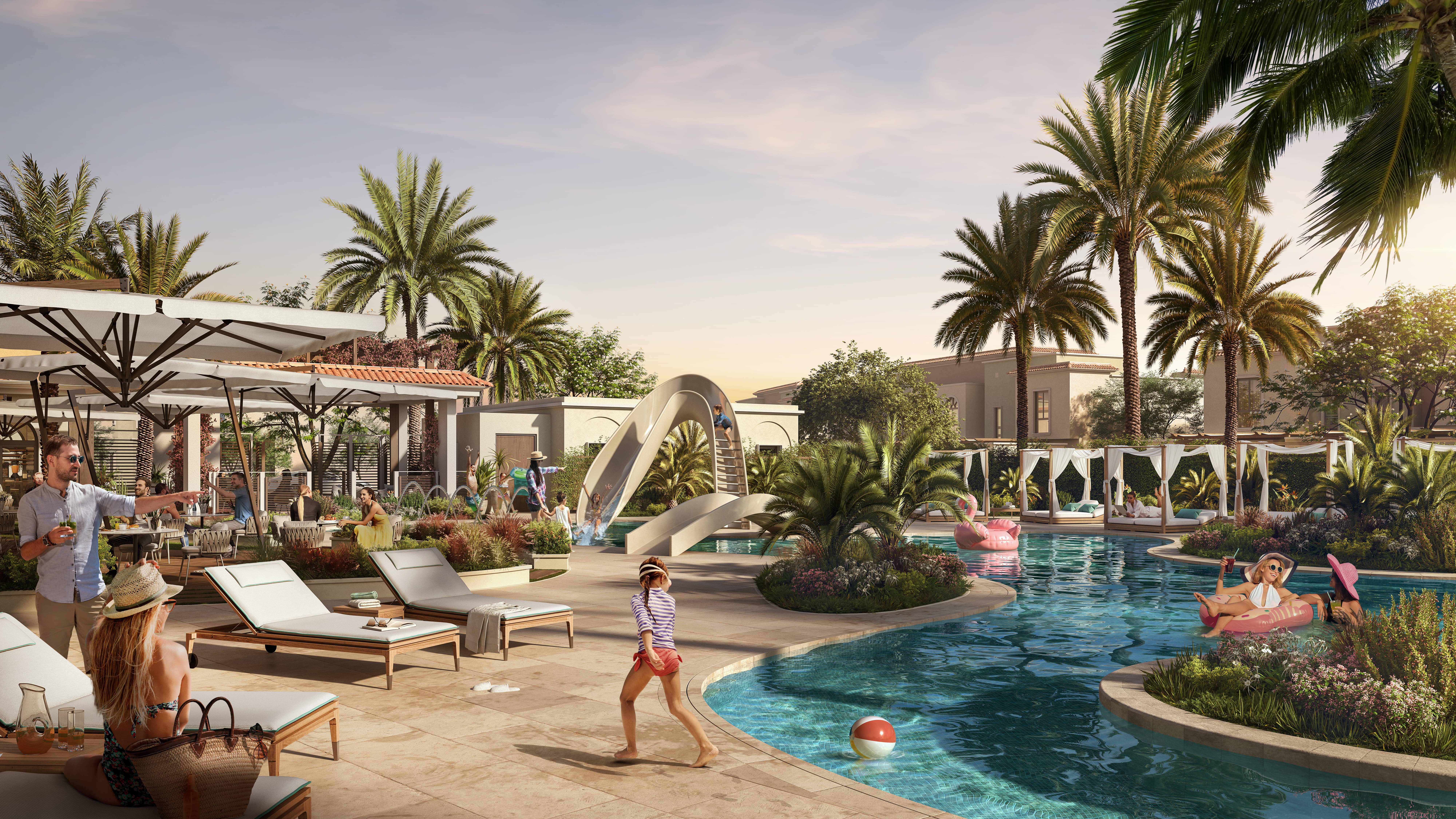 Yas Park Gate community in Yas Island Abu Dhabi offering swimming pools, playgrounds, green pathways, and vibrant family-friendly residential lifestyle amenities.