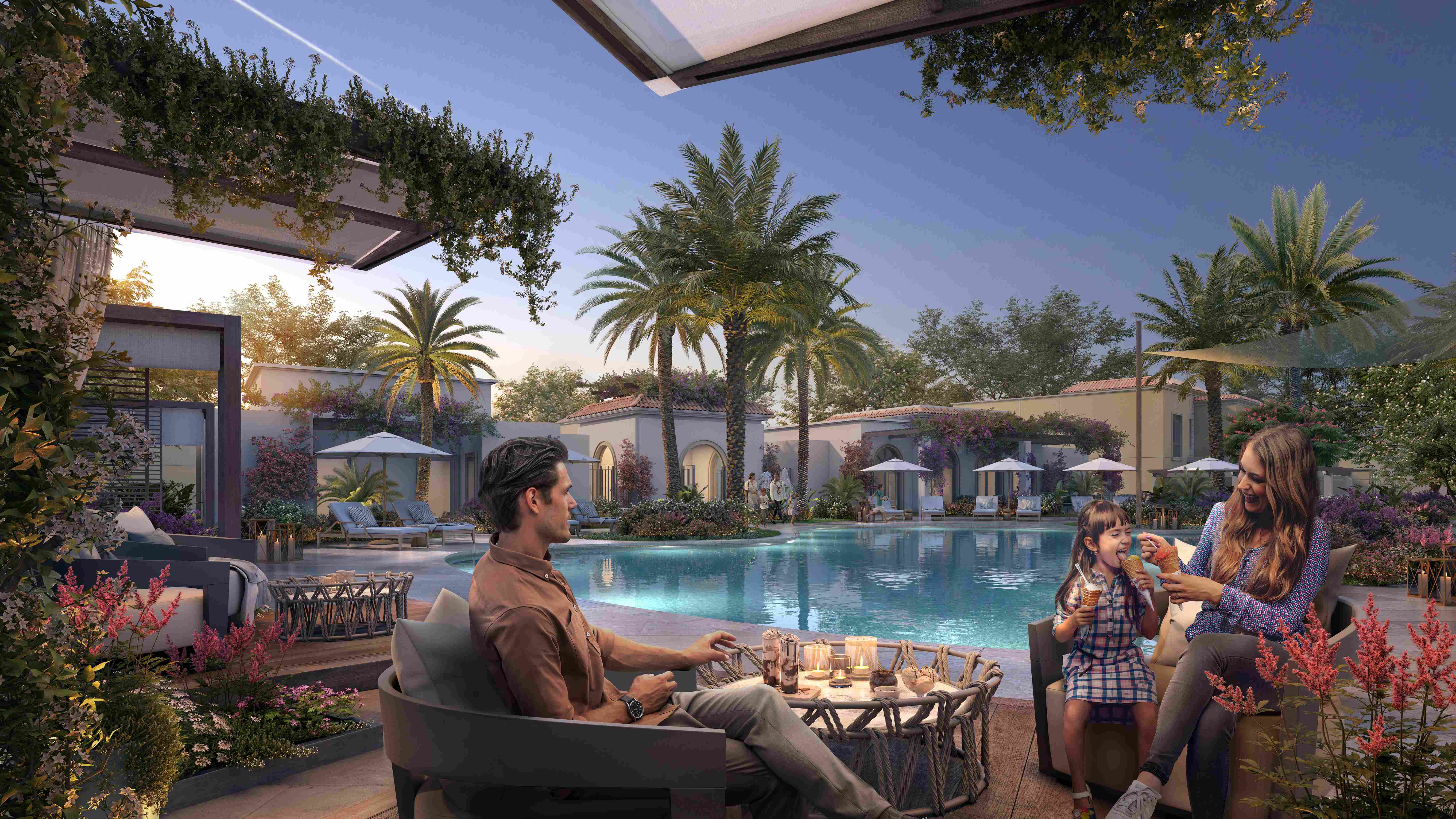 Families strolling along shaded walkways in Yas Park Views, Yas Island Abu Dhabi, a serene villa community with nature-focused living.