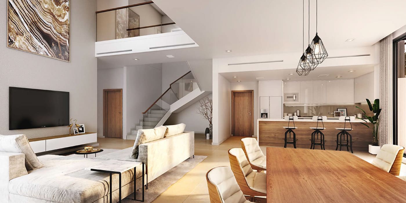 Spacious, elegantly designed living room in a Cedars villa, Yas Island.