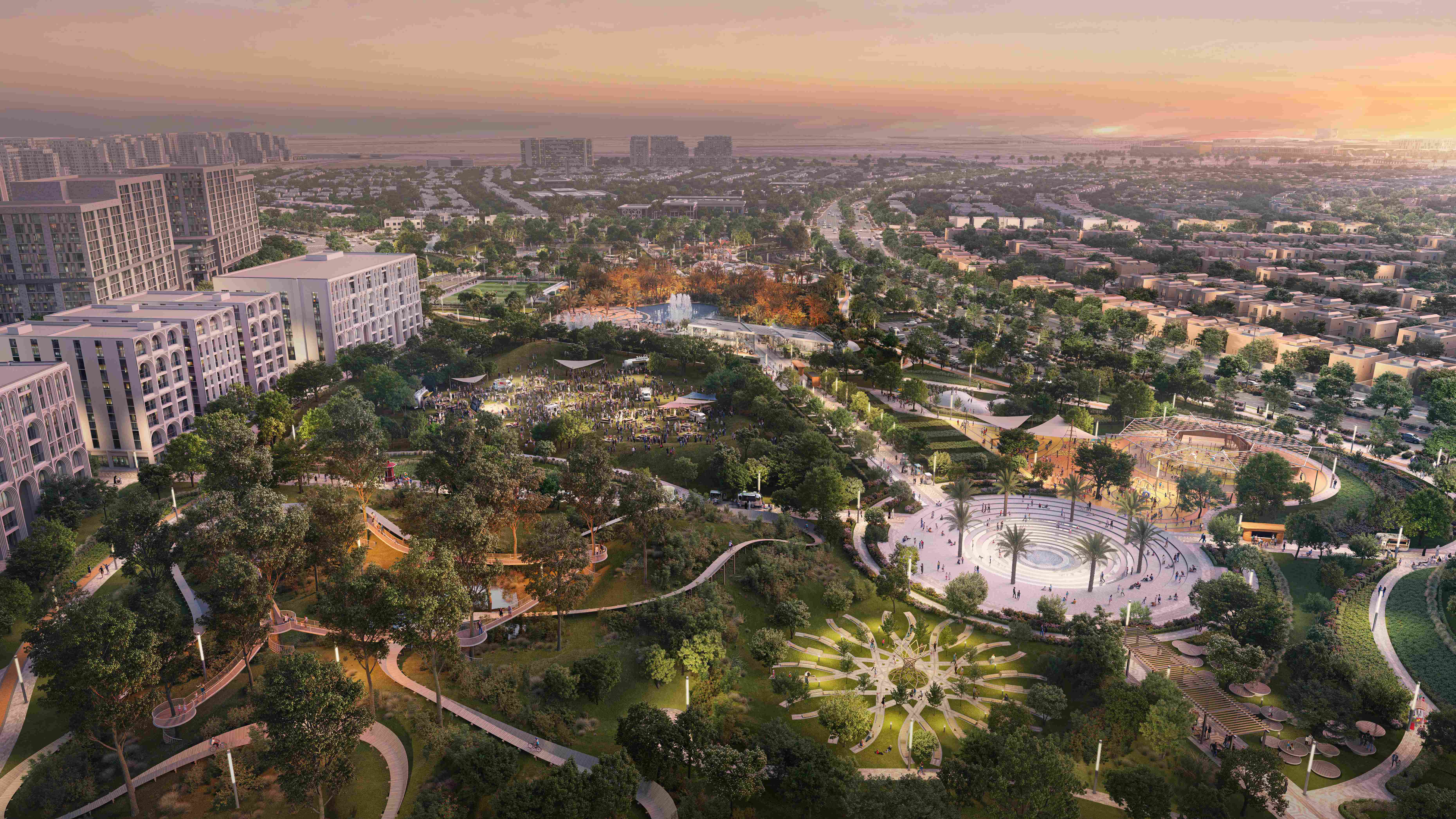 Evening view of Yas Park Views villas with soft outdoor lighting, capturing the calm and beauty of Yas Island at sunset.