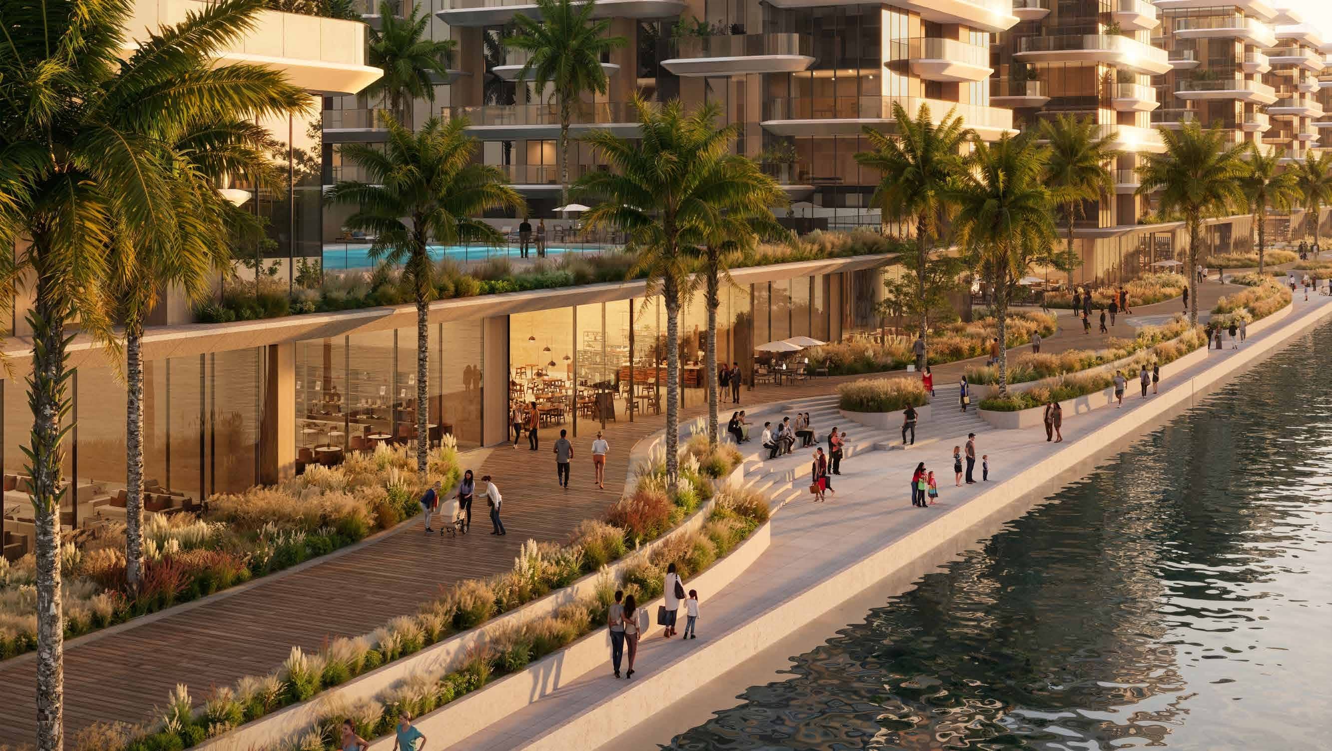 Rooftop perspective of Manchester City Ohana Residences Yas Island showing infinity pools and landscaped outdoor spaces for residents